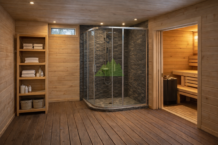 Душ в бане с полами из ДПК