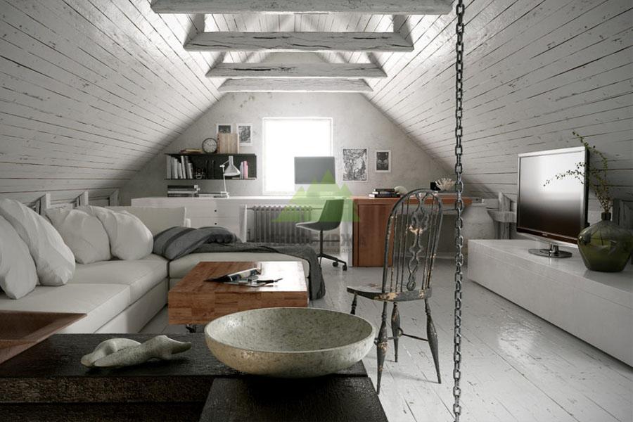 Внутренняя отделка мансарды имитацией бруса в жилую комнату